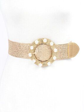 BNWT Plus Size Metallic Gold Coated Faux Straw Elastic Belt Stretch Belt